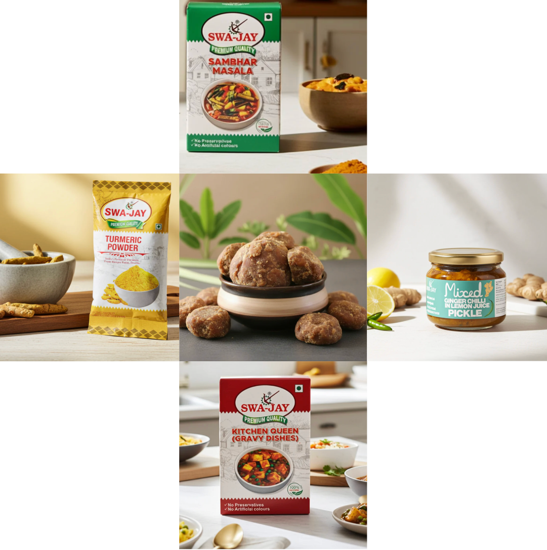 South Indian Combo: Jaggery ( 2 pack ) + Swa-Jay Mixed Ginger Green Chilli Pickle (in Lemon Juice) + Sambhar, Kitchen Queen (Gravy Dishes), Turmeric