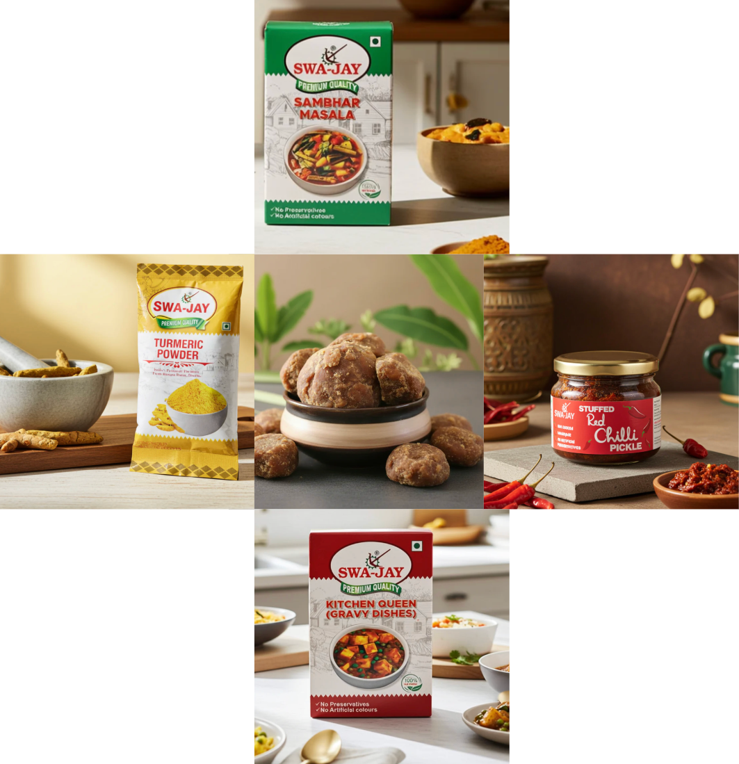 South Indian Combo: Jaggery ( 2 pack ) + Swa-Jay Stuffed Red Chilli Pickle + Sambhar, Kitchen Queen (Gravy Dishes), Turmeric