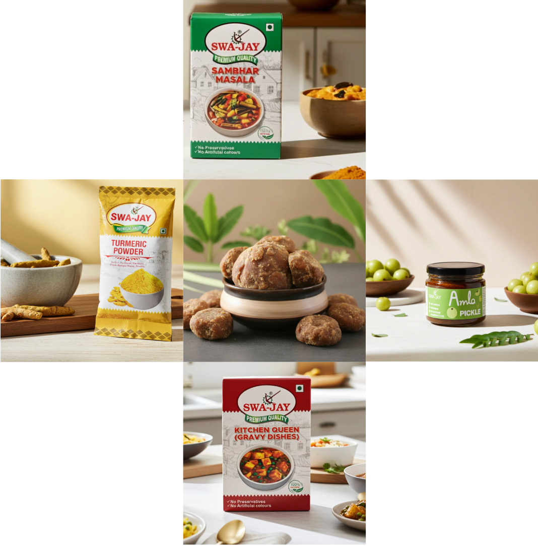 South Indian Combo: Jaggery ( 2 pack ) + Swa-Jay Amla Pickle + Sambhar, Kitchen Queen (Gravy Dishes), Turmeric