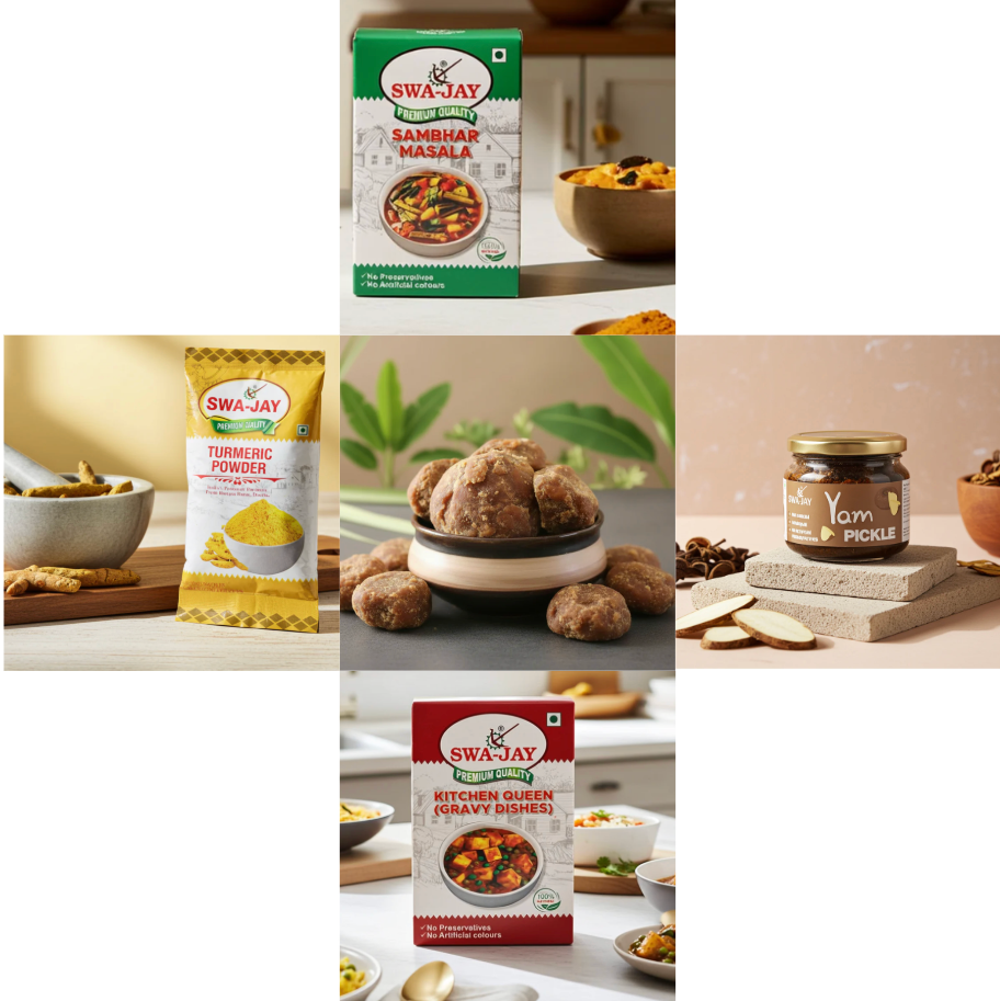 South Indian Combo: Jaggery ( 2 pack ) + Swa-Jay Yam Pickle + Sambhar, Kitchen Queen (Gravy Dishes), Turmeric