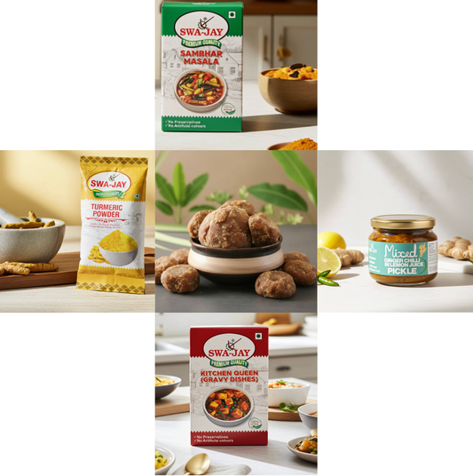 South Indian Combo: Jaggery ( 2 pack ) + Swa-Jay Mixed Ginger Green Chilli Pickle (in Lemon Juice) + Sambhar, Kitchen Queen (Gravy Dishes), Turmeric