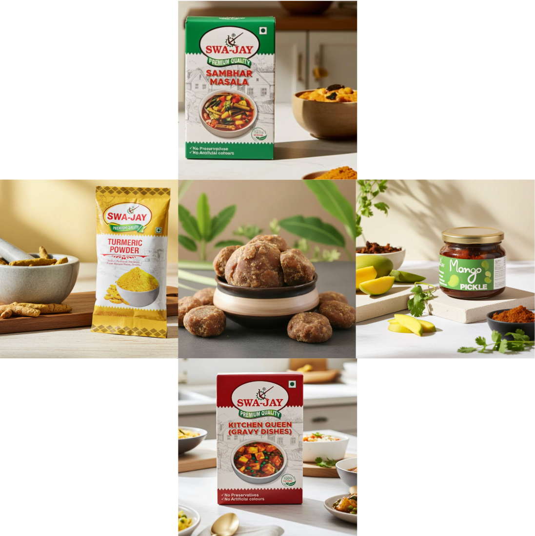South Indian Combo: Jaggery ( 2 pack ) + Swa-Jay Mango Pickle  + Sambhar, Kitchen Queen (Gravy Dishes), Turmeric