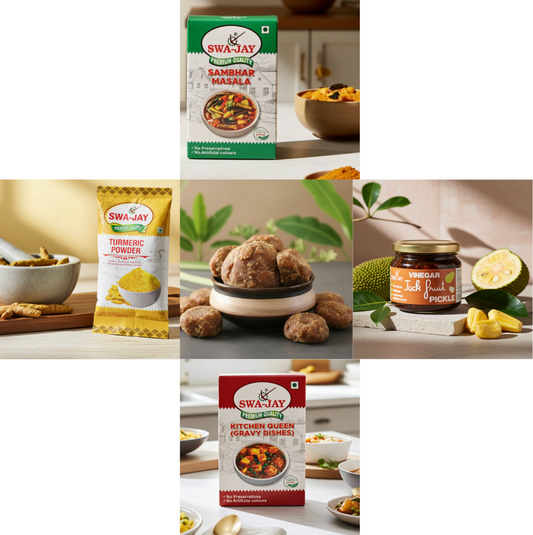 South Indian Combo: Jaggery ( 2 pack ) + Swa-Jay Vinegar Jackfruit Pickle + Sambhar, Kitchen Queen (Gravy Dishes), Turmeric