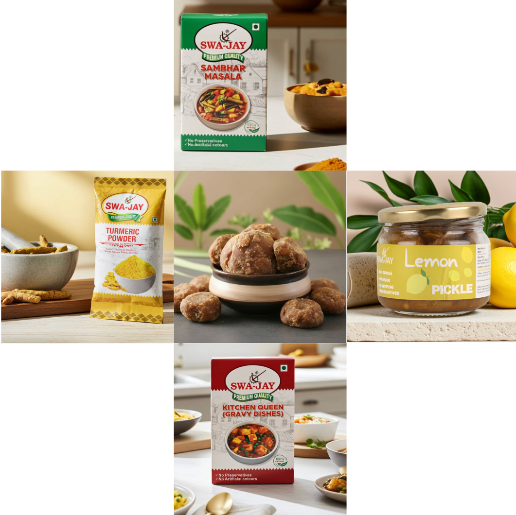 South Indian Combo: Jaggery ( 2 pack ) + Swa-Jay Lemon Pickle + Sambhar, Kitchen Queen (Gravy Dishes), Turmeric