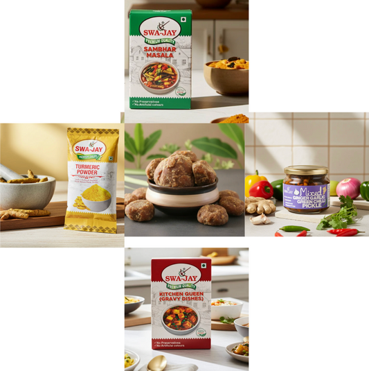 South Indian Combo: Jaggery ( 2 pack ) + Swa-Jay Mixed Ginger Garlic Green Chilli Pickle + Sambhar, Kitchen Queen (Gravy Dishes), Turmeric