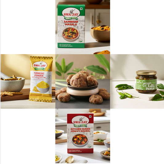South Indian Combo: Jaggery ( 2 pack ) + Swa-Jay Green Chilli Pickle + Sambhar, Kitchen Queen (Gravy Dishes), Turmeric
