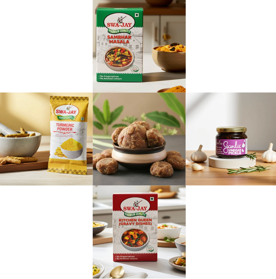 South Indian Combo: Jaggery ( 2 pack ) + Swa-Jay Vinegar Garlic Pickle + Sambhar, Kitchen Queen (Gravy Dishes), Turmeric